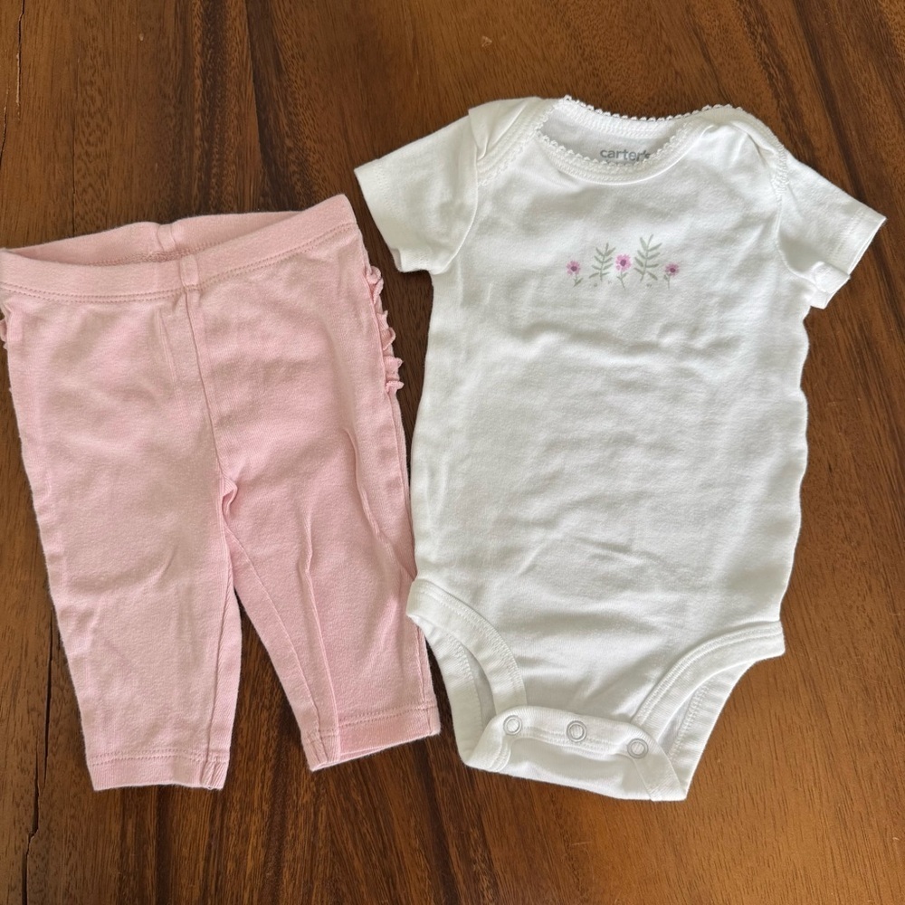 Carter's White and Pink Baby Girl Bodysuit and Matching Pant Set Size 3M